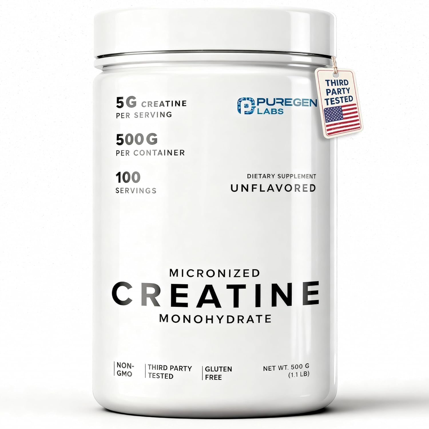 Puregen Labs Micronized Creatine Monohydrate Powder 500G – Pure, Unflavored, No Additives | 5000Mg per Serv (5G) - 100 Servings | Third Party Tested for Quality