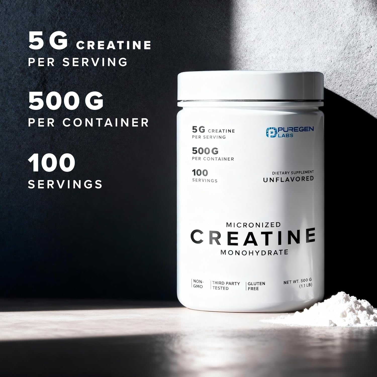 Puregen Labs Micronized Creatine Monohydrate Powder 500G – Pure, Unflavored, No Additives | 5000Mg per Serv (5G) - 100 Servings | Third Party Tested for Quality