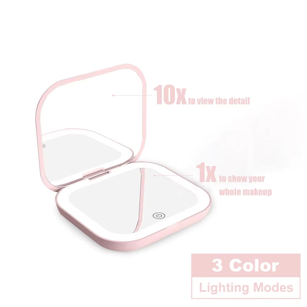 Compact Mirror with Lights, 1X/2X Magnification Portable Folding Handheld Small Pocket LED Travel Makeup Mirror for Gift, Purse