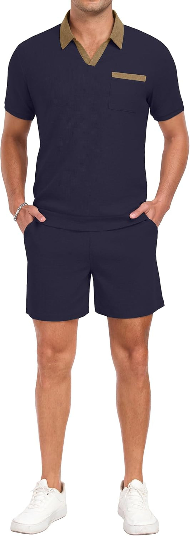 Men'S Summer Track Suits Waffle Knit Polo Shirt and Shorts Set Casual 2 Pieces Outfits with Pockets