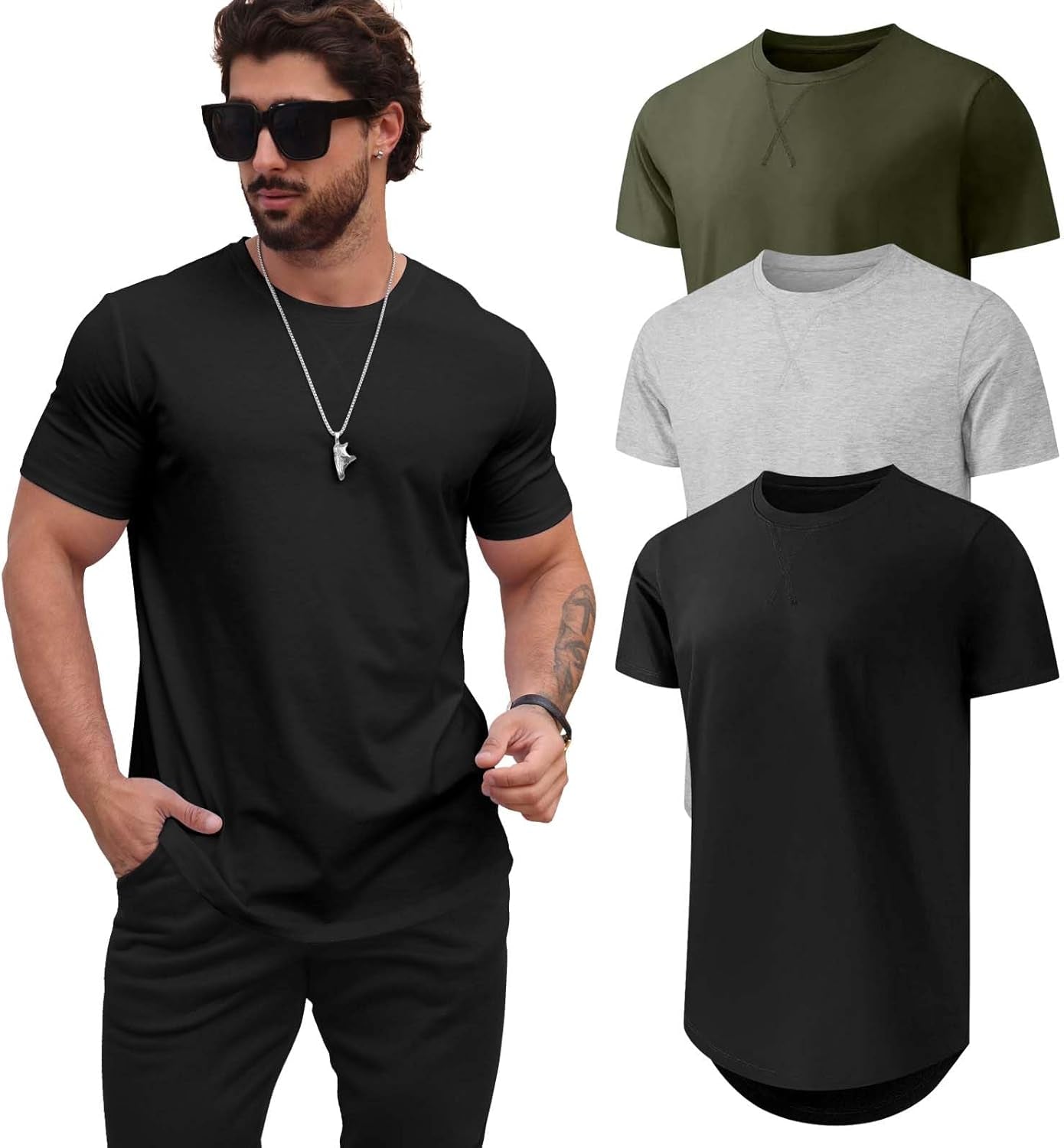 Mens T Shirts Casual Hipster Hip Hop Longline Crewneck Tee Shirts