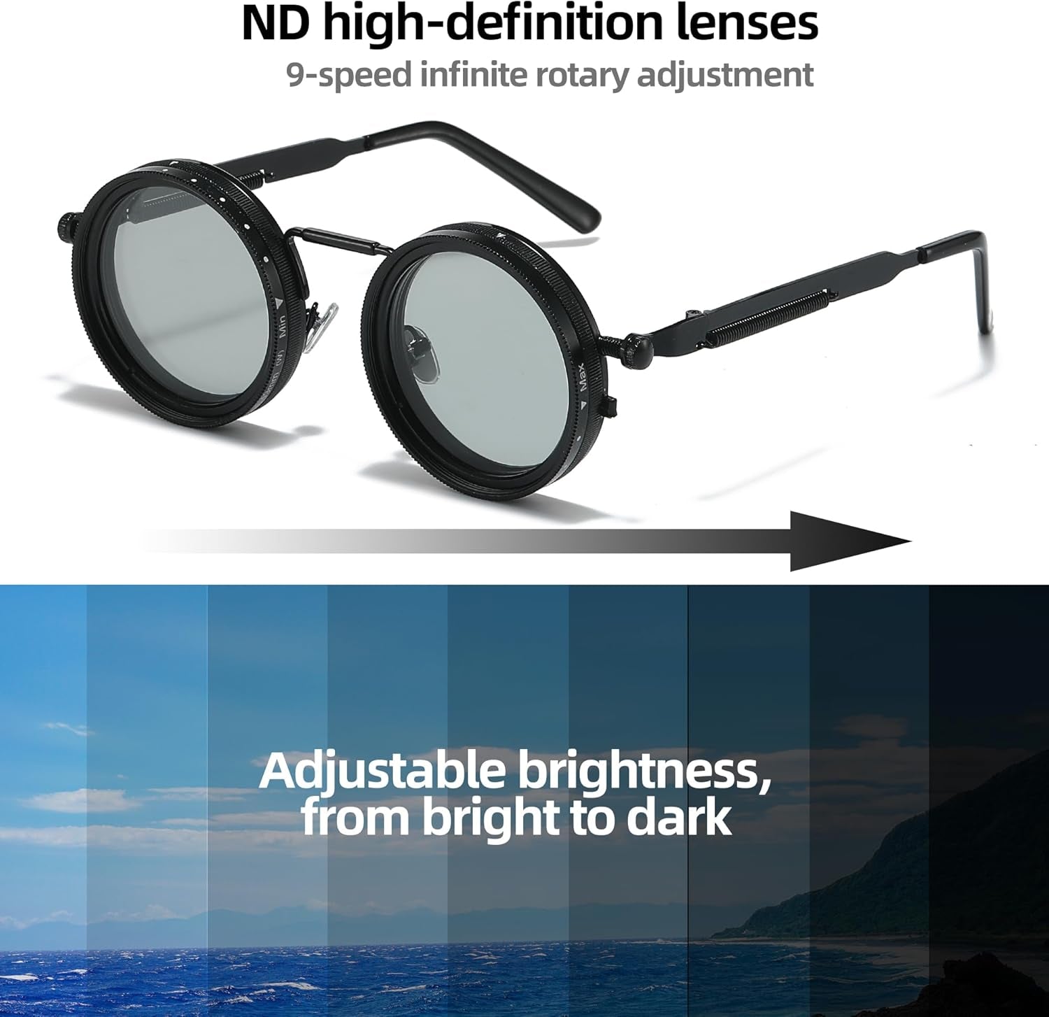 Adjustable Tint Sunglasses, 1-9 Gears Nightshift Glasses Retro round Polarized Dimming Glasses ND Filter Lenses