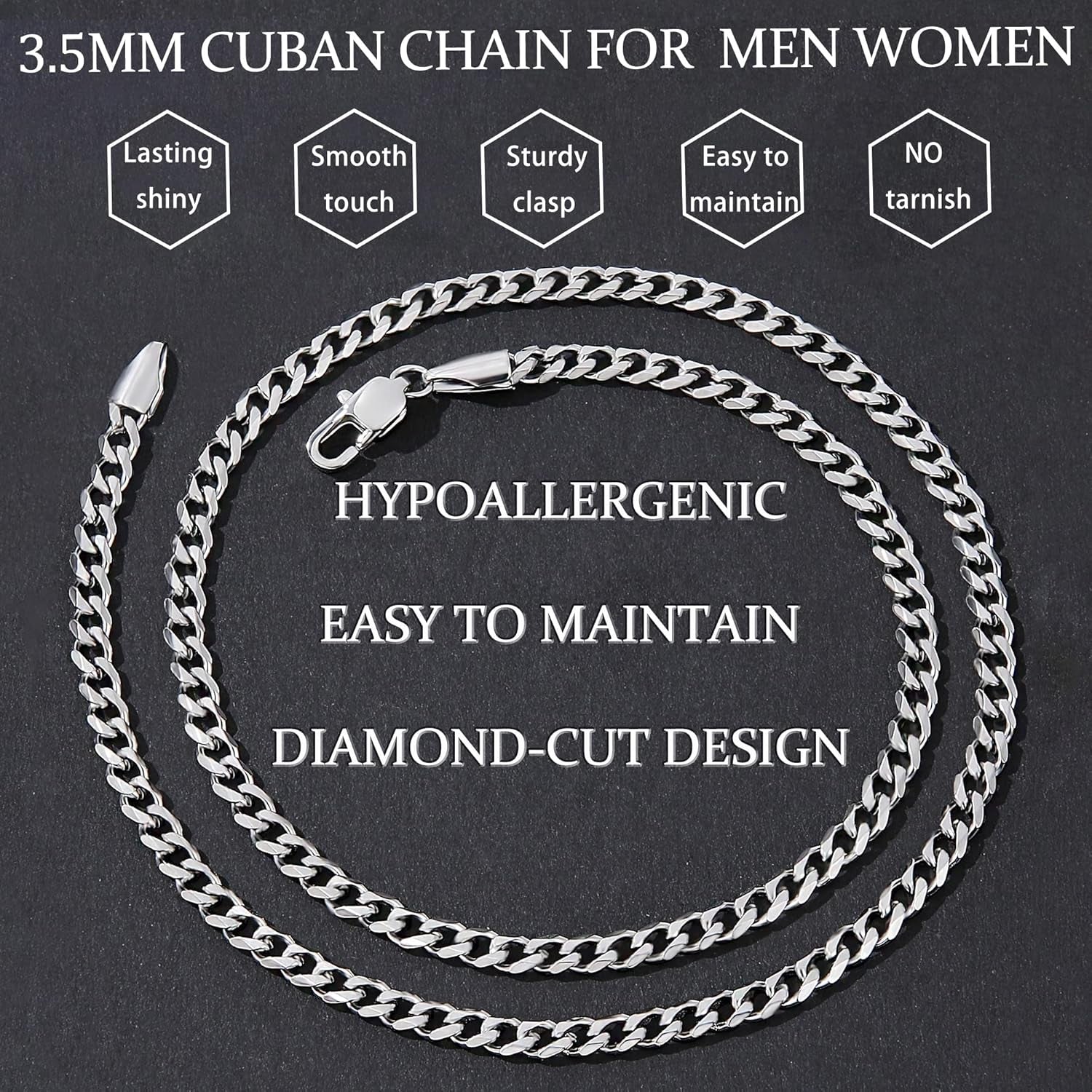 3.5Mm Cuban Link Chains for Men, Silver Tone/Black/14K Gold Plated Stainless Steel Necklace Chain, Mens Necklace 16, 18, 20, 22, 24, 26, 28 Inch