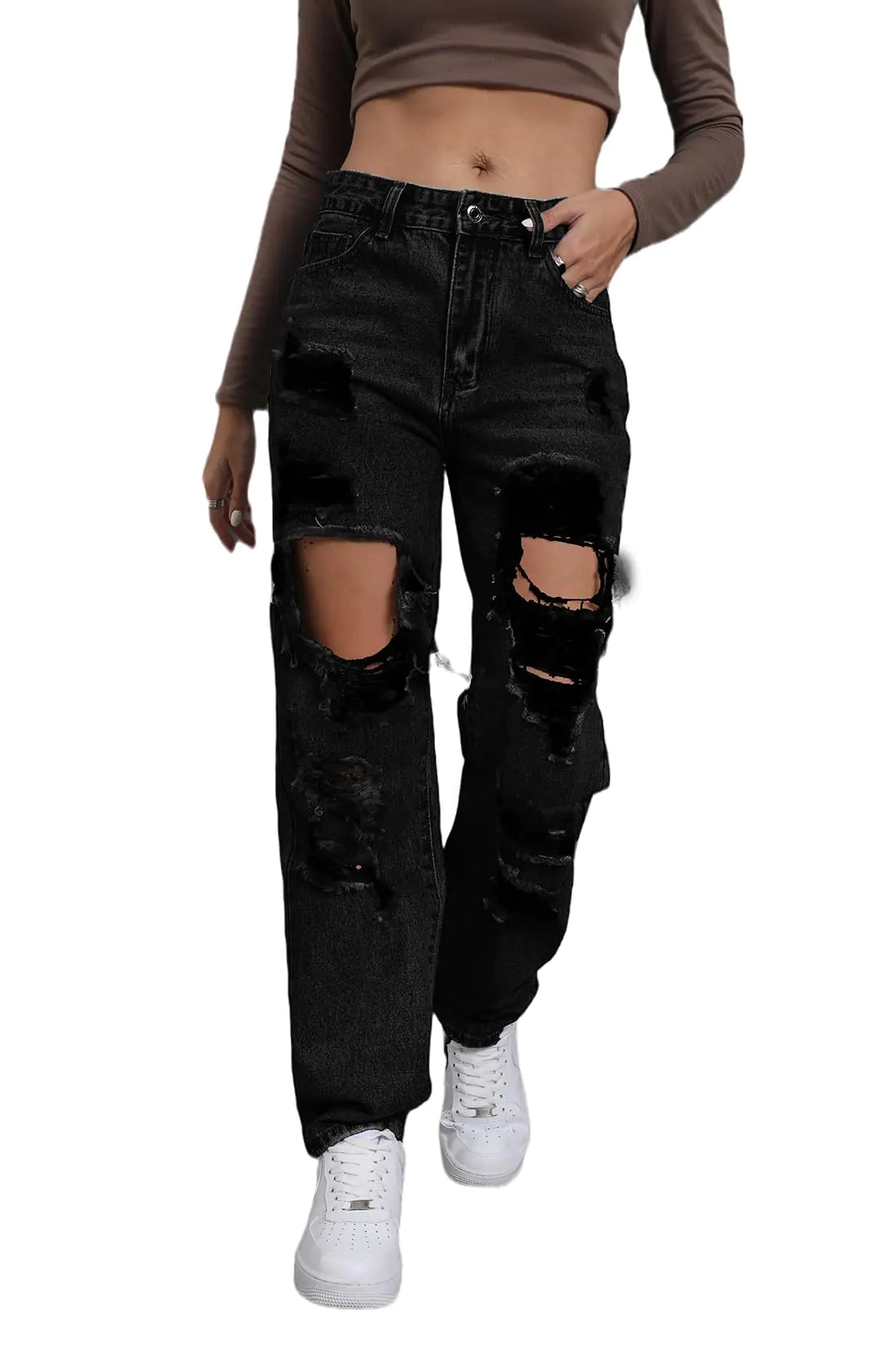 Giallino Ripped Jeans Womens Distressed high Waisted Jeans for Women Trendy Wide Straight Leg Y2k Pants Women’s Jeans Black